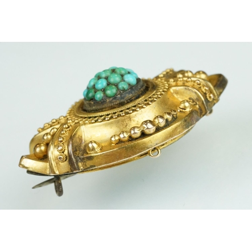 37 - 19th century turquoise yellow metal brooch, cabochon turquoise cluster to the centre, rope twist and... 