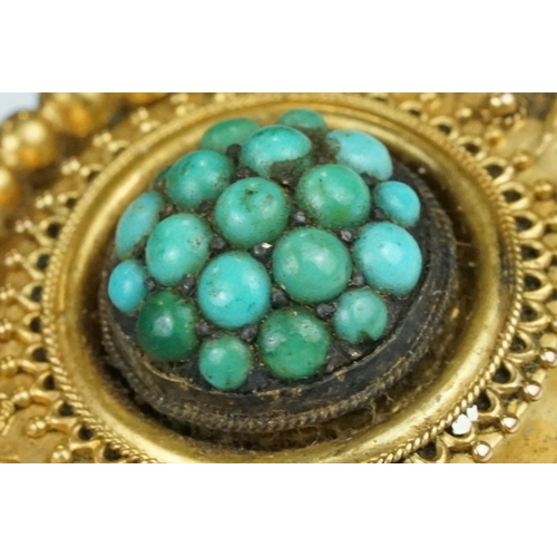 37 - 19th century turquoise yellow metal brooch, cabochon turquoise cluster to the centre, rope twist and... 