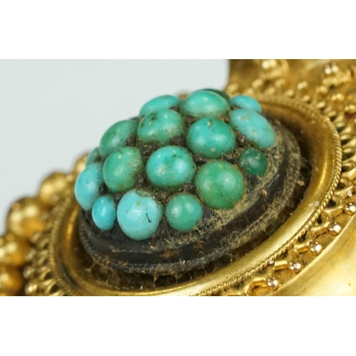 37 - 19th century turquoise yellow metal brooch, cabochon turquoise cluster to the centre, rope twist and... 