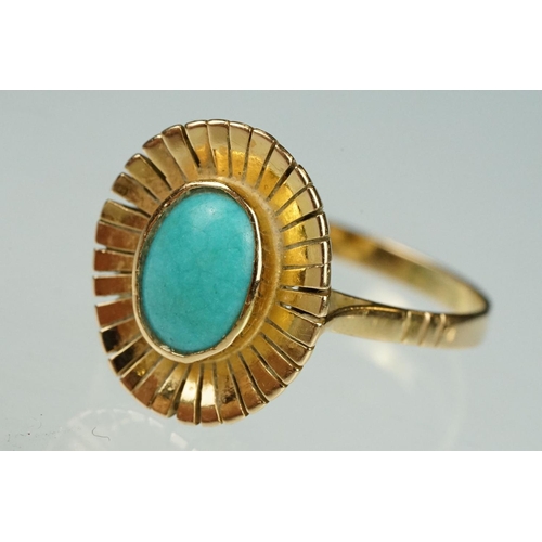 38 - Turquoise yellow metal sunburst ring, oval cabochon turquoise stone, dimensions approx 8.5mm x 6mm, ... 