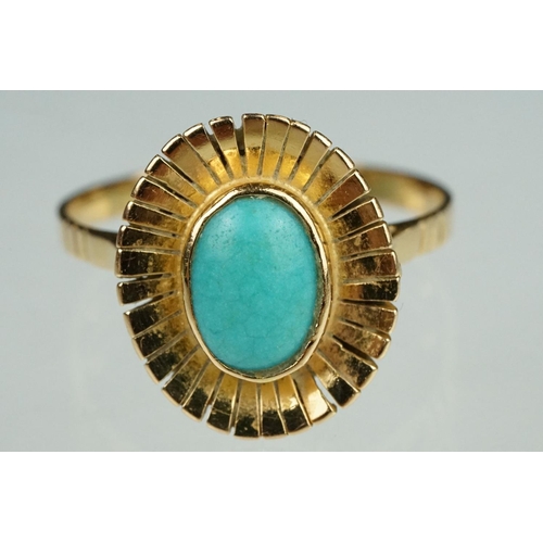 38 - Turquoise yellow metal sunburst ring, oval cabochon turquoise stone, dimensions approx 8.5mm x 6mm, ... 