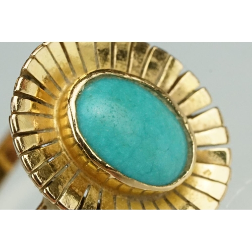 38 - Turquoise yellow metal sunburst ring, oval cabochon turquoise stone, dimensions approx 8.5mm x 6mm, ... 