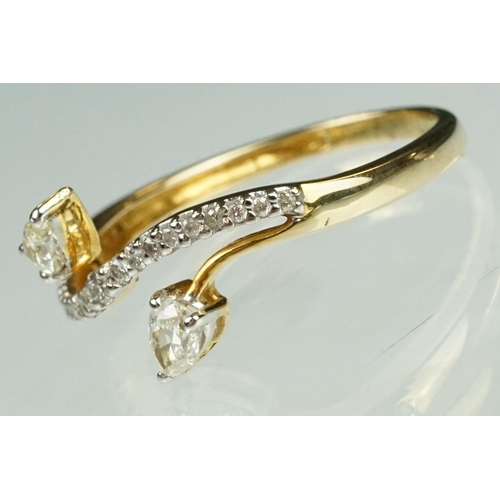 39 - Diamond 14ct yellow gold ring, two pear shaped diamonds, claw set, dimensions approx 2.5mm x 3.5mm, ... 