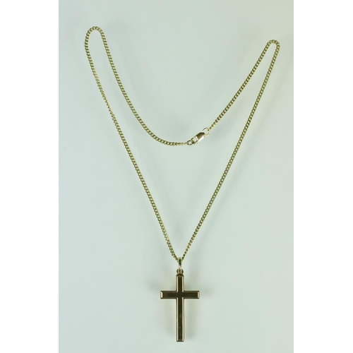 44 - 9ct hallmarked cross pendant with a round bale to top, mounted on a flat link necklace chain with a ... 