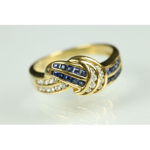 48 - Diamond and sapphire 18ct yellow gold ring, twenty small square cut sapphires, nineteen small round ... 