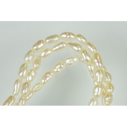 55 - Freshwater pearl three strand necklace with 18ct yellow gold hook and box clasp, length approx 46cm,... 