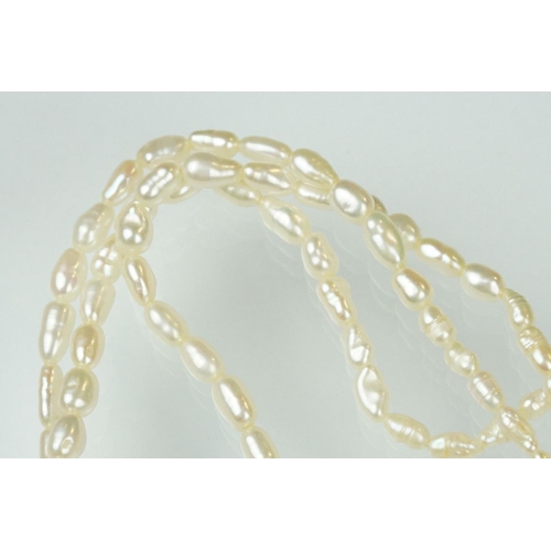 55 - Freshwater pearl three strand necklace with 18ct yellow gold hook and box clasp, length approx 46cm,... 