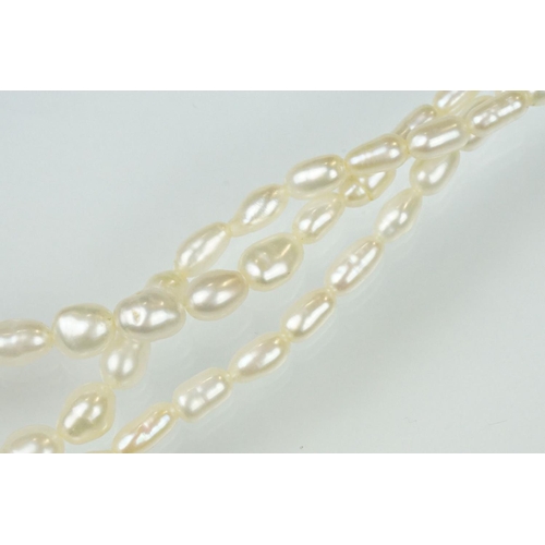 55 - Freshwater pearl three strand necklace with 18ct yellow gold hook and box clasp, length approx 46cm,... 