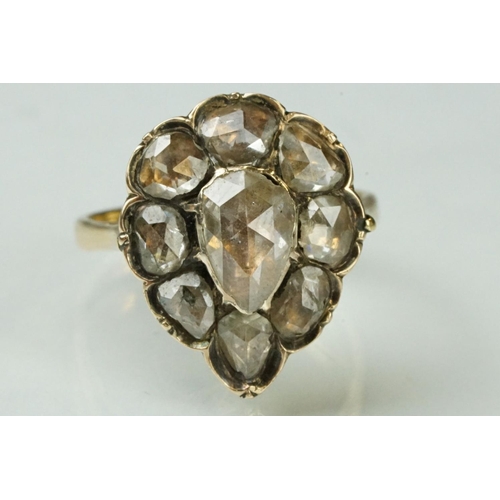 6 - 18th century diamond cluster ring head with later 18ct yellow gold ring shank; rose cut pear shaped ... 