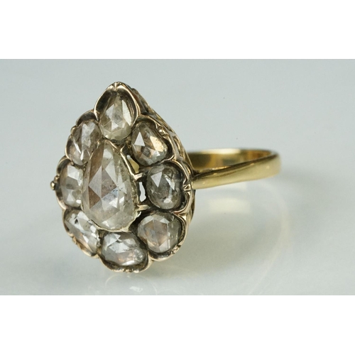 6 - 18th century diamond cluster ring head with later 18ct yellow gold ring shank; rose cut pear shaped ... 