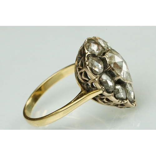 6 - 18th century diamond cluster ring head with later 18ct yellow gold ring shank; rose cut pear shaped ... 