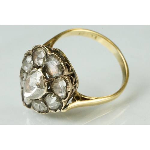 6 - 18th century diamond cluster ring head with later 18ct yellow gold ring shank; rose cut pear shaped ... 