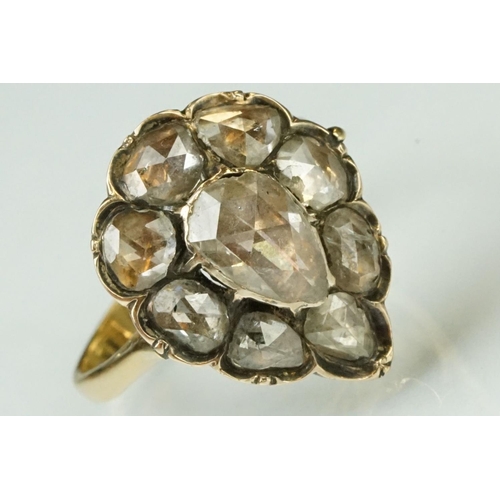 6 - 18th century diamond cluster ring head with later 18ct yellow gold ring shank; rose cut pear shaped ... 