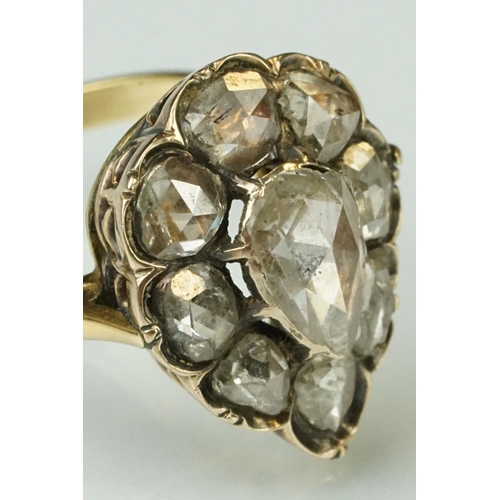 6 - 18th century diamond cluster ring head with later 18ct yellow gold ring shank; rose cut pear shaped ... 