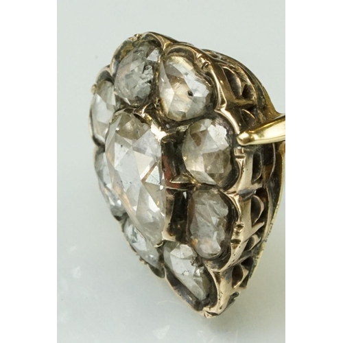 6 - 18th century diamond cluster ring head with later 18ct yellow gold ring shank; rose cut pear shaped ... 