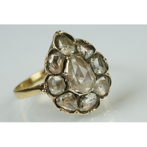 6 - 18th century diamond cluster ring head with later 18ct yellow gold ring shank; rose cut pear shaped ... 