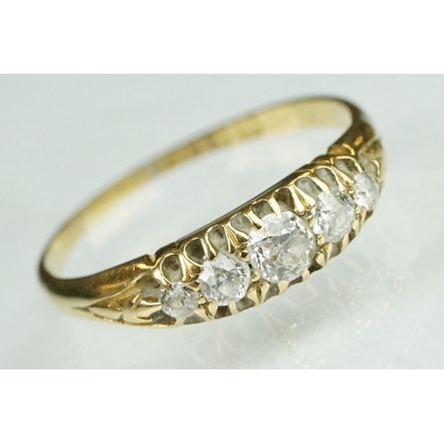 63 - Edwardian diamond 18ct yellow gold five stone boat head ring, five graduated old round brilliant cut... 