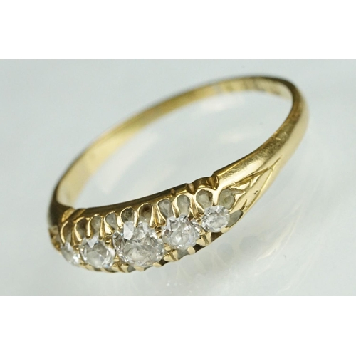 63 - Edwardian diamond 18ct yellow gold five stone boat head ring, five graduated old round brilliant cut... 