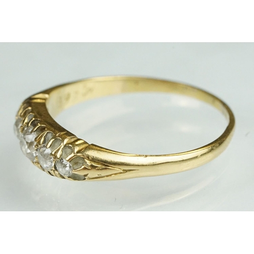 63 - Edwardian diamond 18ct yellow gold five stone boat head ring, five graduated old round brilliant cut... 