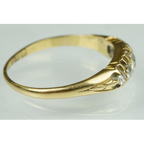 63 - Edwardian diamond 18ct yellow gold five stone boat head ring, five graduated old round brilliant cut... 