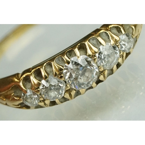 63 - Edwardian diamond 18ct yellow gold five stone boat head ring, five graduated old round brilliant cut... 