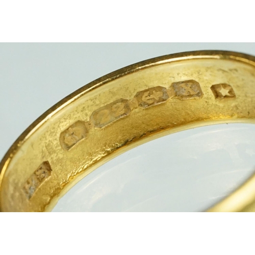 65 - 22ct yellow gold wedding band, D shank, plain polished, band width approx 5.5mm, ring size O½