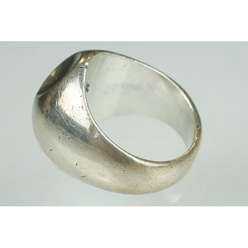 73 - Hans Hansen Danish silver ring, two concave indentations to the head, tapered shoulders, ring size N... 