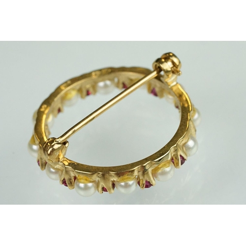 76 - Ruby and cultured pearl 9ct yellow gold brooch, small round cut rubies, claw set, small round white ... 