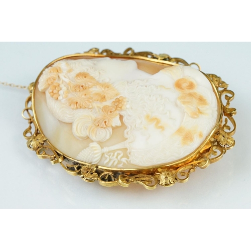 8 - Large 19th century shell cameo yellow metal brooch, the carved shell cameo depicting female bust loo... 