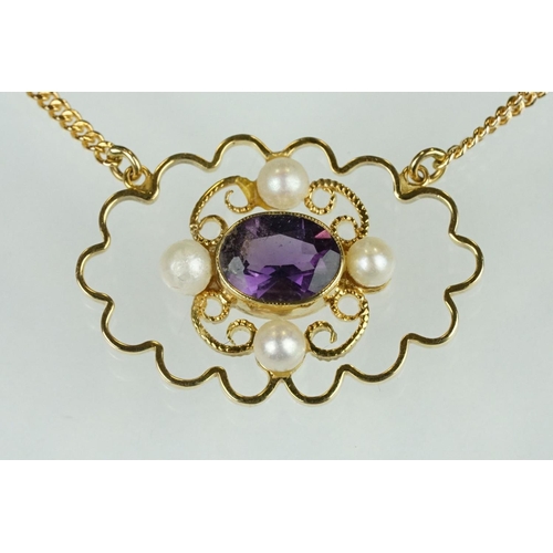 81 - Amethyst and pearl 9ct yellow gold pendant necklace, the oval mixed cut amethyst measuring approx 5.... 