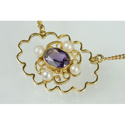 81 - Amethyst and pearl 9ct yellow gold pendant necklace, the oval mixed cut amethyst measuring approx 5.... 