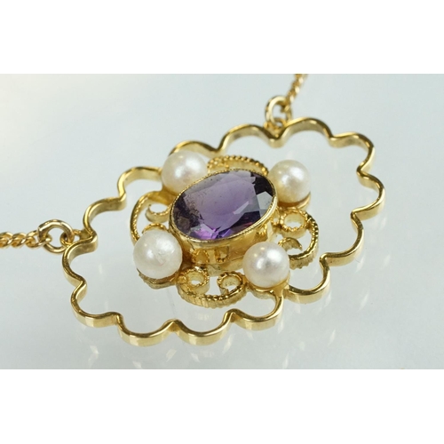 81 - Amethyst and pearl 9ct yellow gold pendant necklace, the oval mixed cut amethyst measuring approx 5.... 