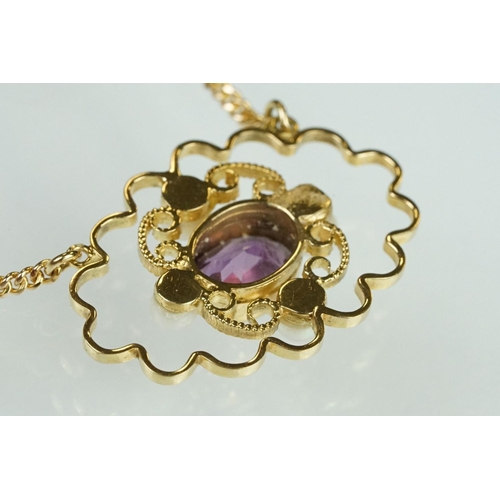 81 - Amethyst and pearl 9ct yellow gold pendant necklace, the oval mixed cut amethyst measuring approx 5.... 