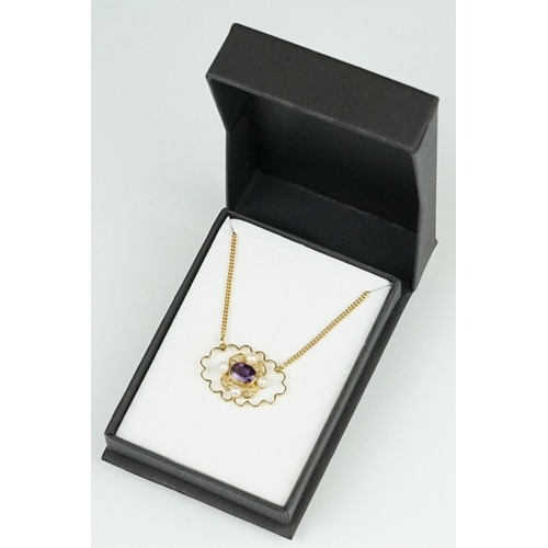 81 - Amethyst and pearl 9ct yellow gold pendant necklace, the oval mixed cut amethyst measuring approx 5.... 