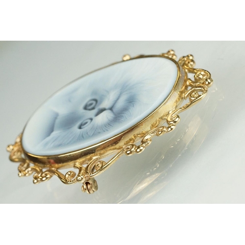 84 - Cameo 9ct yellow gold pendant brooch, the oval ceramic cameo depicting a cats head, rubover set, pie... 