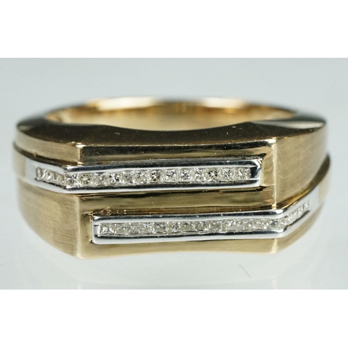 90 - Diamond 9ct yellow gold Gents ring, twenty-six small round princess cut diamonds, channel set, taper... 