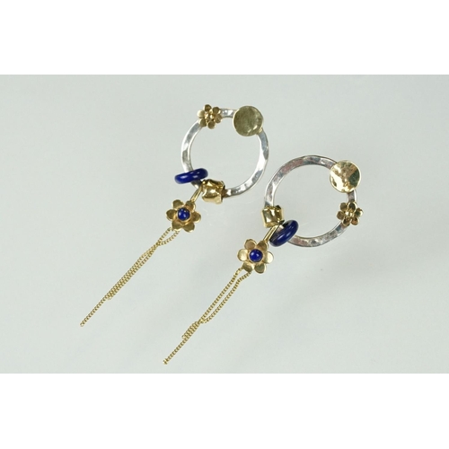 96 - Pair of handmade lapis lazuli, silver and unmarked yellow gold earrings, the silver planished hoop w... 