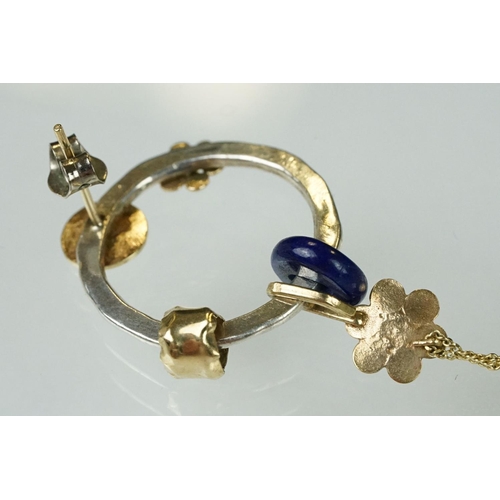 96 - Pair of handmade lapis lazuli, silver and unmarked yellow gold earrings, the silver planished hoop w... 