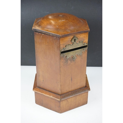 1 - Late 19th Century Victorian oak hexagonal country house post box having a brass fret work slot to th... 