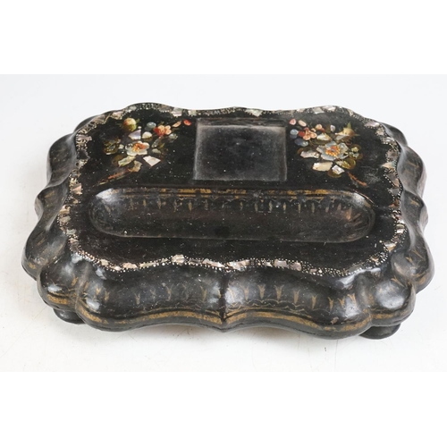14 - 19th Century Victorian papier mache ink stand and desk top box, both decorated with hand painted flo... 