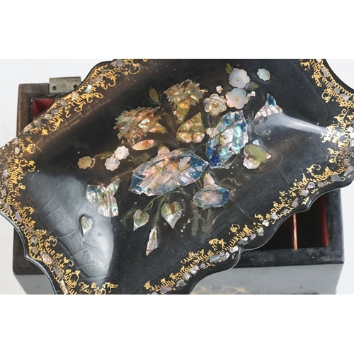 14 - 19th Century Victorian papier mache ink stand and desk top box, both decorated with hand painted flo... 