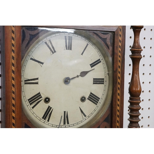 17 - Edwardian inlaid mahogany pendulum wall clock having a round face with roman numerals to the dial, m... 