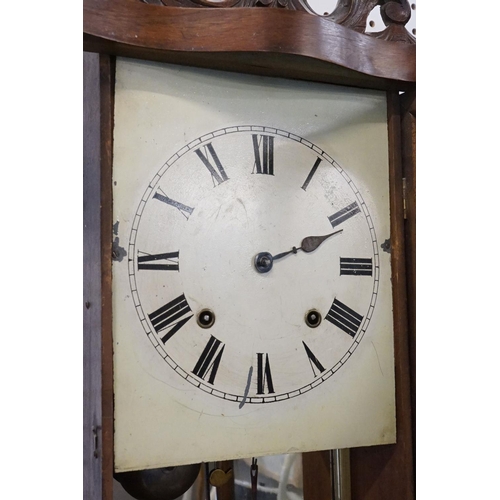 17 - Edwardian inlaid mahogany pendulum wall clock having a round face with roman numerals to the dial, m... 
