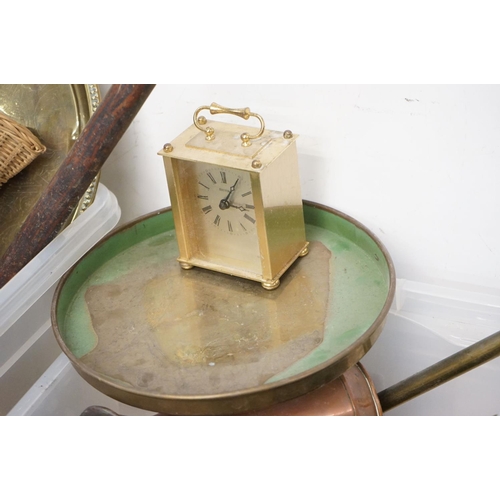 184 - Mixed metal ware to include a cast iron kettle, Derverley footed copper dish, Art Nouveau style bras... 