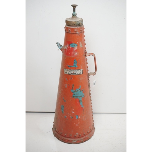 197 - Vintage fire extinguisher of conical form, with rivetted style design, Type AO2, inspected by Minima... 