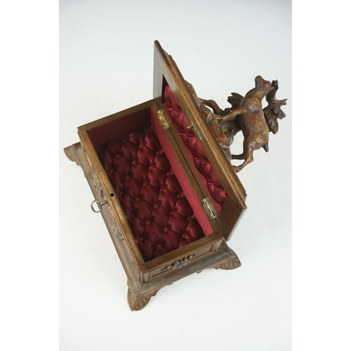 2 - Late 19th Century Victorian Black Forest carved wooden box having a carved goat to the lid, with fur... 