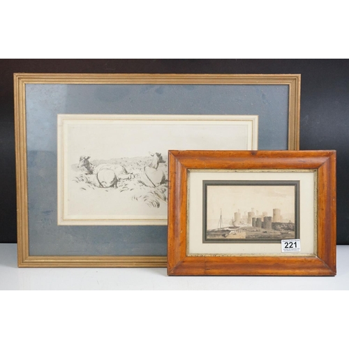 221 - English School, castle with figures and ships in the foreground, watercolour, 10.5 x 17.5cm and R.Hi... 