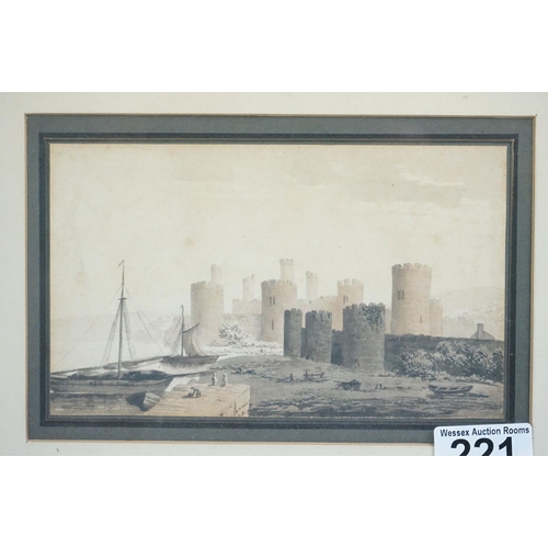 221 - English School, castle with figures and ships in the foreground, watercolour, 10.5 x 17.5cm and R.Hi... 