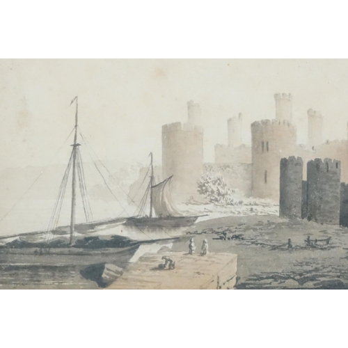 221 - English School, castle with figures and ships in the foreground, watercolour, 10.5 x 17.5cm and R.Hi... 