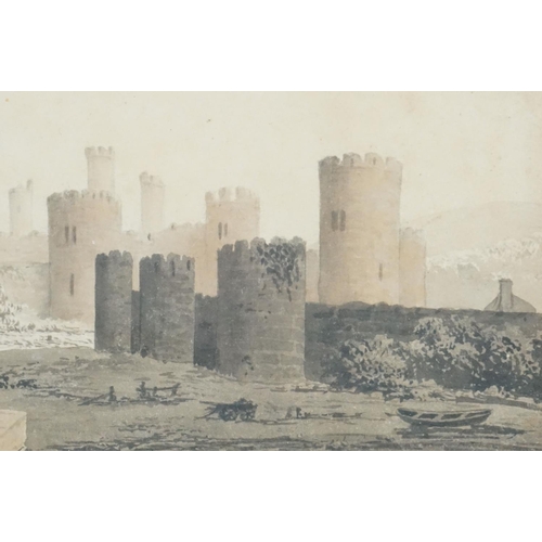 221 - English School, castle with figures and ships in the foreground, watercolour, 10.5 x 17.5cm and R.Hi... 